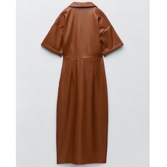 NWOT ZARA FAUX LEATHER SHIRT DRESS MIDI BROWN MEDIUM - Picture 6 of 13